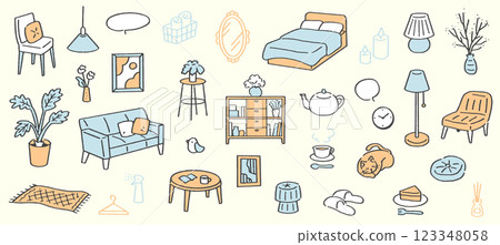 Hand-drawn vector illustration of residential interior. Set of furniture including sofa and bed. 123348058