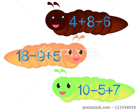 Illustration of mathematical addition and subtraction. Examples with caterpillars. 123348059