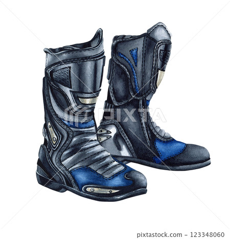 Pair of motorcycle boots. Moto footwear. Leg protection for biker. Moto gear. Watercolor illustration isolated from the background. For motorcycle clothing store, equipment store design. Road safety Pair of motorcycle boots. Moto footwear. Leg protection for biker. Moto gear. Watercolor illustration isolated from the background. For motorcycle clothing store, equipment store design. Road safety 123348060