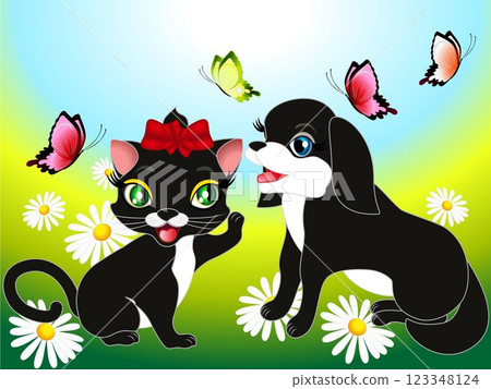 Kitten and the dog on the meadow. Kitten and the dog on the meadow. 123348124