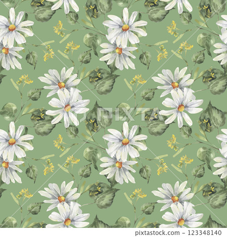 White chamomile and green linden leaves in seamless pattern on green. Watercolor rustic pastel background with garden wild wood floral elements for cosmetics, medicine,packing design,cottage decor White chamomile and green linden leaves in seamless pattern on green. Watercolor rustic pastel background with garden wild wood floral elements for cosmetics, medicine,packing design,cottage decor 123348140