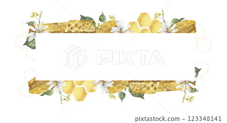 Sweet honey banner template with yellow honeycombs and pieces decorated with chamomile and linden illustrations. Hand drawn watercolor frame for cosmetics, product pacing, web poster logo design 123348141