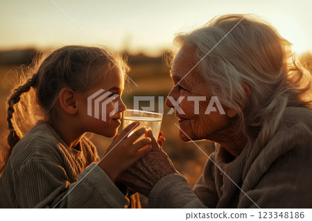 Little granddaughter gives a glass of clean drinking water to her granny, a moment of family unity and care, timely hydration and care for family health, drinking water availability concept 123348186