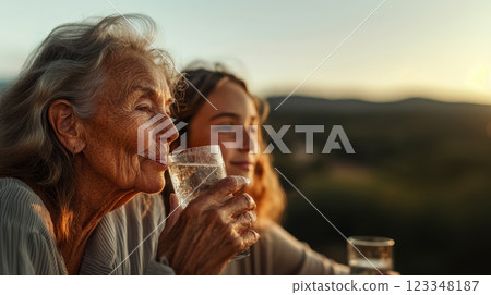 grandmother and her granddaughter enjoy sunset and drink fresh mineral water with a valley in background, space for the poster text emphasizes the importance of water for people's vitality and health grandmother and her granddaughter enjoy sunset and drink fresh mineral water with a valley in background, space for the poster text emphasizes the importance of water for people's vitality and health 123348187