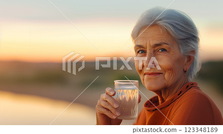 mature woman stands with glass of water her hand against backdrop of sunset over river valley, copy space concept of health and conservation, importance of hydration and access to clean drinking water 123348189