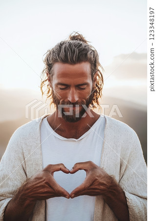 Vertical portrait of mature male carpenter against warm sunrise, man folds hands in front of chest in heart shape, concept of christian love and forgiveness 123348197