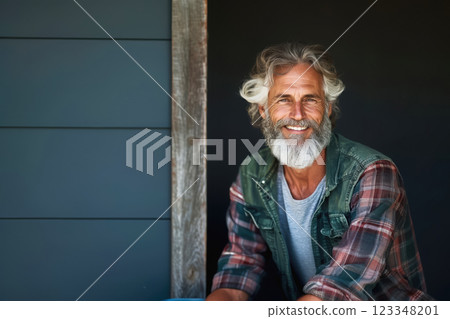 Portrait of mature bearded man in window of self-built village house, contented male carpenter enjoying results of his work, traditional crafts concept 123348201