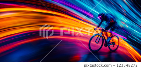 athlete on a bicycle, bright blurred background colors emphasize the speed of movement, the concept of cycling and bicycle in the city athlete on a bicycle, bright blurred background colors emphasize the speed of movement, the concept of cycling and bicycle in the city 123348272
