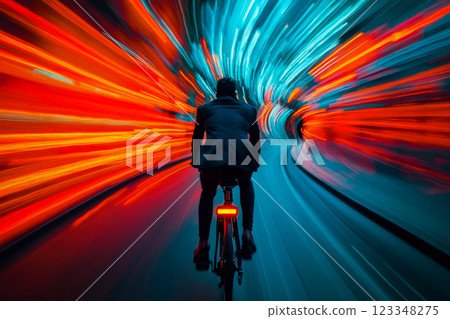concept study of cycling in urban environment, poster of cyclist racing through glowing vortex of energy, distorted perspective and blurred light trails create an abstract, futuristic impression speed concept study of cycling in urban environment, poster of cyclist racing through glowing vortex of energy, distorted perspective and blurred light trails create an abstract, futuristic impression speed 123348275
