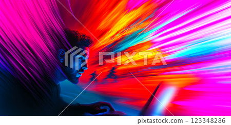 focused programmer in neon cyberpunk glow, immersed in high-speed digital world, motion blur background enhances atmosphere of web design and technology, futuristic creativity in abstract cyberpunk 123348286