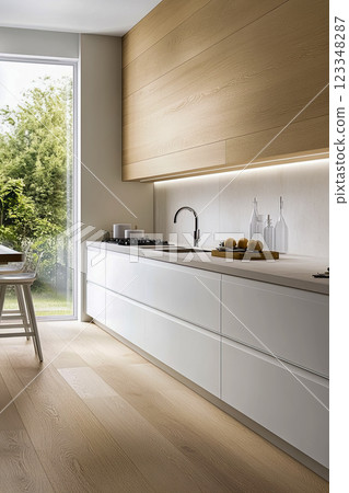 Trendy kitchen design with light Mocha Mousse cabinets, warm wood accents and innovative lighting reflecting the latest interior design trends, vertical poster 123348287