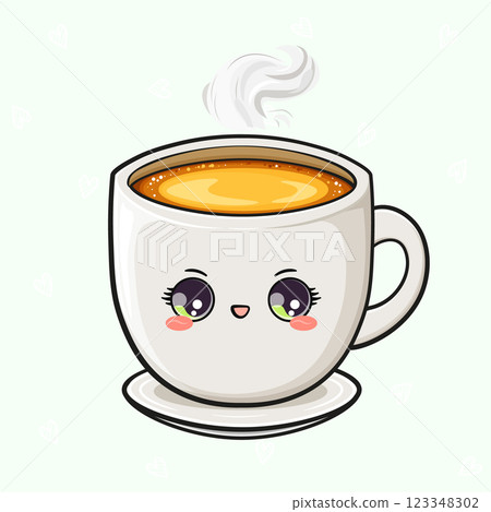 Smiling Coffee Cup. Cheerful Mug with Steam and Expressive Eyes 123348302