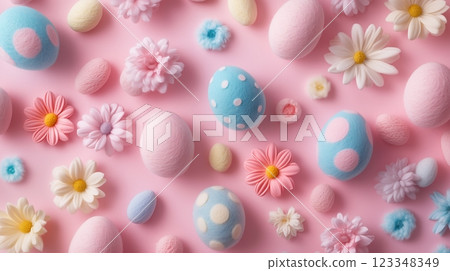 Colorful felted Easter eggs and flowers in pastel hues create a vibrant seamless pattern 123348349