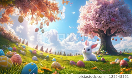 Enjoying a colorful Easter celebration with bunnies and decorated eggs under a tree 123348361