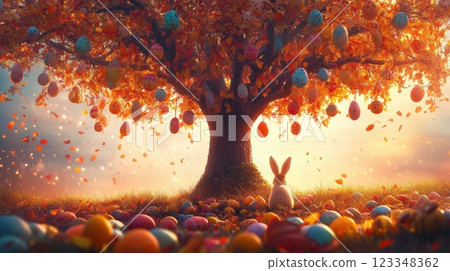 Vibrant Easter celebration with bunnies and colorful eggs under a tree in a 3D cartoon style 123348362