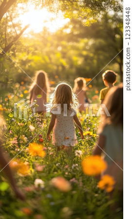 Children joyfully searching for hidden eggs during a spring outdoor game 123348448