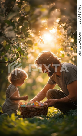 Parent and child joyfully searching for Easter eggs in a sunny orchard 123348463