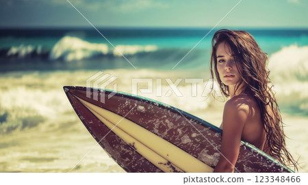 Surfer woman with surfboard on background of magnificent sea with big waves, copy space with beautiful young woman and seaside resort vacation concept, retro style banner 123348466