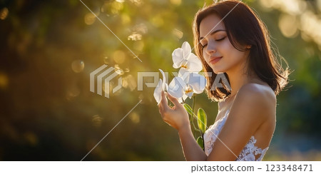 Banner with beautiful young woman white dress stands near blooming orchids during a walk in the park, tropical nature and stylish image of young woman, vacation concept at tropical resort Banner with beautiful young woman white dress stands near blooming orchids during a walk in the park, tropical nature and stylish image of young woman, vacation concept at tropical resort 123348471