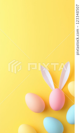 Colorful Easter eggs and bunny ears create a festive atmosphere on a pastel yellow background Colorful Easter eggs and bunny ears create a festive atmosphere on a pastel yellow background 123348507