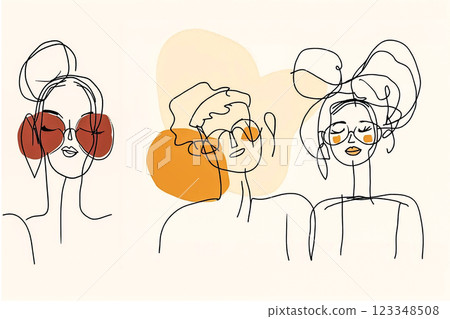 Line art drawing of three girlfriends having fun at a party, drawing in calm tones and soft mocha mousse color, idea for decorating space or background 123348508
