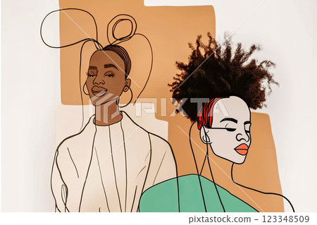 Line art drawing of two young women, background in calm tones and soft mocha mousse color, idea for decorating a poster or screensaver 123348509
