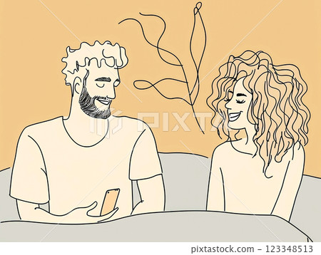 Happy young couple sitting on sofa in cozy living room and looking at smartphone screen calling friends or family, line art drawing, man and woman laughing talking on cell phone, beige background Happy young couple sitting on sofa in cozy living room and looking at smartphone screen calling friends or family, line art drawing, man and woman laughing talking on cell phone, beige background 123348513