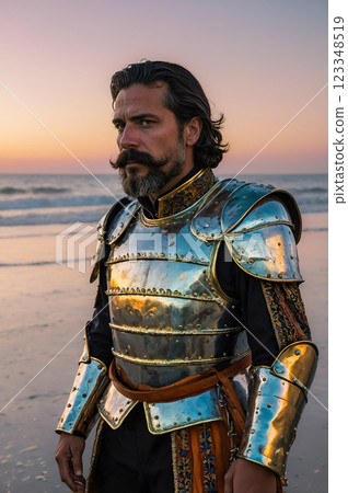 Historical hero in armor against the sea, vertical portrait of a knight symbolizes bravery and leadership and defense of the country, concept for a background or screensaver of a historical film Historical hero in armor against the sea, vertical portrait of a knight symbolizes bravery and leadership and defense of the country, concept for a background or screensaver of a historical film 123348519
