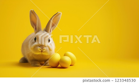 Cute rabbit beside colorful Easter eggs on a vibrant yellow background 123348530