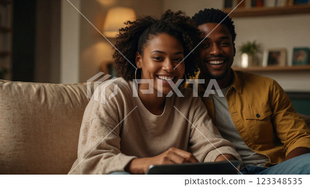 young people calling relatives on laptop, newlywed couple sitting on sofa in living room laughing and chatting with relatives using modern technologies 123348535