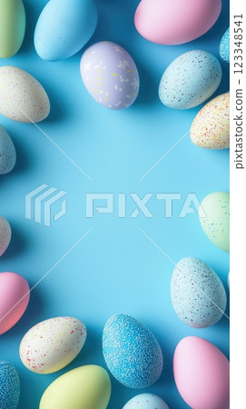 Colorful Easter eggs arranged on a vibrant blue background ready for celebration 123348541