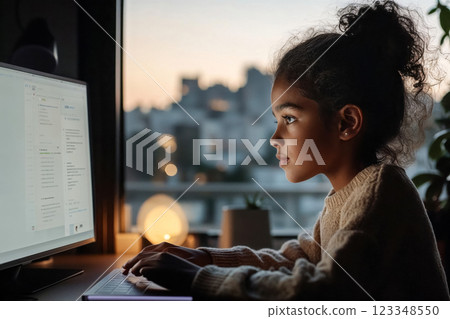 Close-up of little girl enthusiastically reading textbook on computer monitor screen at home, concept about distance education and availability of information search in safe internet environment Close-up of little girl enthusiastically reading textbook on computer monitor screen at home, concept about distance education and availability of information search in safe internet environment 123348550