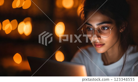 Close-up on face of concentrated young woman university student concentrating on studying, background of public library in winter evening, copy space about concept about accessibility of education Close-up on face of concentrated young woman university student concentrating on studying, background of public library in winter evening, copy space about concept about accessibility of education 123348555