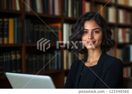 Portrait of young smiling student woman in college library working on research on laptop, copy space with concept about importance of education and skill enhancement Portrait of young smiling student woman in college library working on research on laptop, copy space with concept about importance of education and skill enhancement 123348568