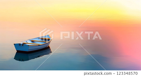 boat on calm quiet water of bay, bright colors of sunset reflected in water, surreal drawing of empty boat and copy space with concept of desire to travel and explore new worlds 123348570