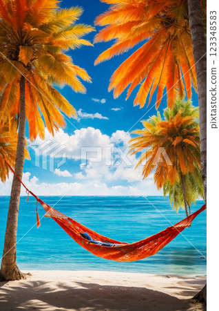 Drawing of surreal dream world, hammock tied between palm trees with orange leaves over crystal clear turquoise water, perfect tropical vacation with warm sun of fantasy planets, vertical poster Drawing of surreal dream world, hammock tied between palm trees with orange leaves over crystal clear turquoise water, perfect tropical vacation with warm sun of fantasy planets, vertical poster 123348583