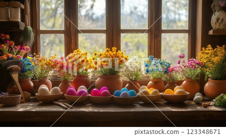 Dyed Easter eggs in bowls with natural dye surrounded by artistic tools on a sunny kitchen counter 123348671