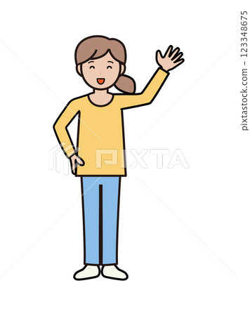 全身插畫：一位身穿褲子、面帶笑容的年輕女子 123348675