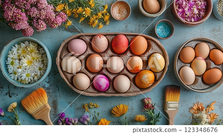 Natural dyeing process of Easter eggs on a bright kitchen counter with colorful tools 123348676