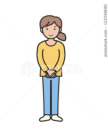 一位身穿褲子的年輕女子的全身插圖，面帶微笑，擺出歡迎的姿勢。 123348680