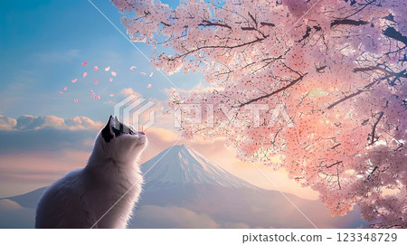 Cherry blossoms and a white cat admiring them, petals flying off the tree as a symbol of the fleetingness of the moment, a dreamy view of Mount Fuji, a white cat enjoying in silence 123348729
