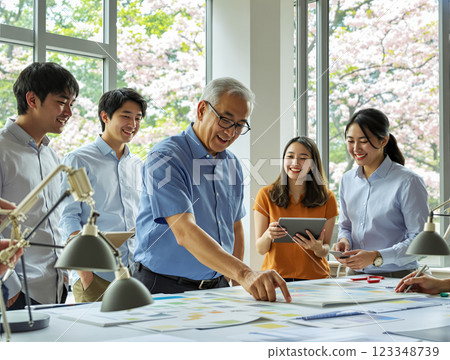 Professor and students analyze a case study on a project, consider possible solutions to the project, smiling happy colleagues collaborate on a project, concept of teamwork 123348739