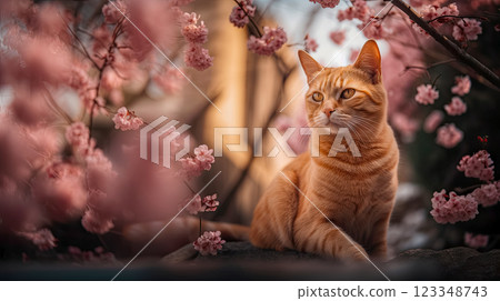 Banner with ginger cat walking on roof of a house next to blooming sakura trees, spring day among fragrant Japanese cherry blossoms, copy space for the concept of congratulating on spring holidays Banner with ginger cat walking on roof of a house next to blooming sakura trees, spring day among fragrant Japanese cherry blossoms, copy space for the concept of congratulating on spring holidays 123348743