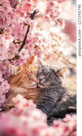 Vertical postcard with sleeping cats hugging each other among blooming Japanese sakura, symbolizing warmth and friendship, the concept of spring and renewal of nature Vertical postcard with sleeping cats hugging each other among blooming Japanese sakura, symbolizing warmth and friendship, the concept of spring and renewal of nature 123348746