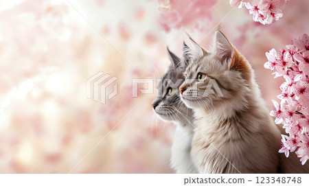 Poster with two cats under Japanese cherry blossoms, soft sunlight and dreamy spring atmosphere filled with warmth, copy space for spring festival and cherry blossom season concept 123348748
