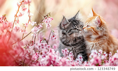 Little cute kittens nestle comfortably in a flower paradise, enjoying a rest, lush Japanese cherry blossoms, the concept of the transience of life and admiring the spring bloom of nature 123348749
