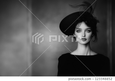 stylish woman in a black dress and designer hat poses for a fashion campaign, a vintage style black and white portrait, the lighting enhances the modern elegance of high fashion stylish woman in a black dress and designer hat poses for a fashion campaign, a vintage style black and white portrait, the lighting enhances the modern elegance of high fashion 123348852