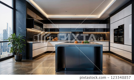 Design project of modern, eclectic kitchen with an island in center of kitchen, modern natural lighting, reclaimed wood and stone floors, kitchen is equipped with high-tech stainless steel appliances 123348857