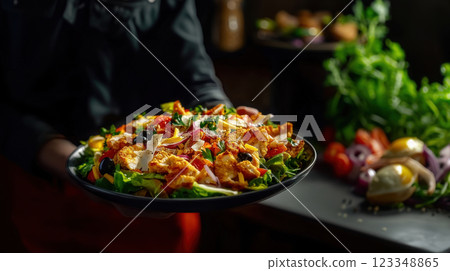 Waiter serving big plate caesar salad selective focus on healthy Mediterranean style food, menu concept for cafe or keto diet food delivery Waiter serving big plate caesar salad selective focus on healthy Mediterranean style food, menu concept for cafe or keto diet food delivery 123348865