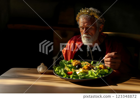 Elderly aristocrat dining on Caesar salad, dark background and sunny lighting on table ,modern cooking and mediterranean cuisine concept ,copy space for keto diet idea 123348872